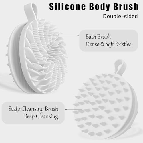 Douji Double-Sided Silicone Body Scrubber Shower Bath Brush, Handheld Cleansing Skin Brush for Sensitive Kids Women Men All Kinds of Skin（White） - size: White