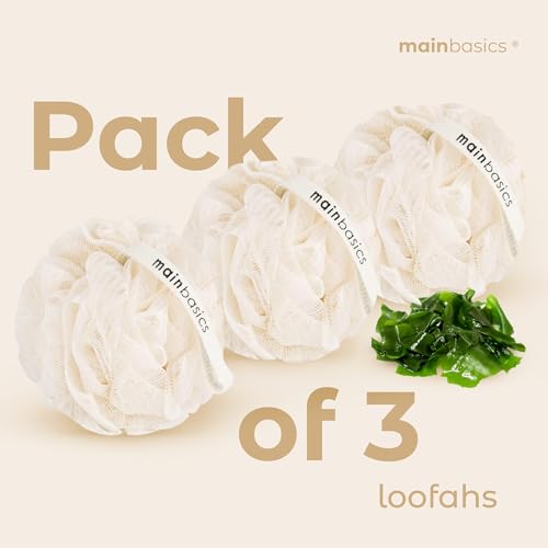 MainBasics Shower Loofah Sponge Pouf, Set of 3, Seaweed Infused | Soft Mesh Body Scrubber and Bath Sponge for Gentle Exfoliation, Rich Lather, and Everyday Shower Use - style: Seaweed