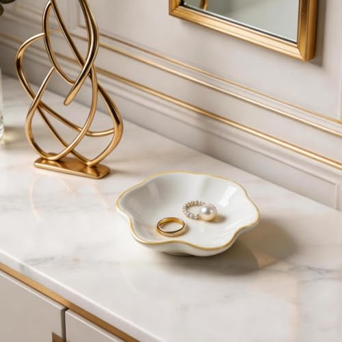 Ceramic Lotus Leaf Trinket Dish, Ring Holder for Jewelry | Keeps earrings, necklaces, keys, and keepsakes handy on vanities or nightstands, a sweet gift for moms, sisters, and friends - color: white