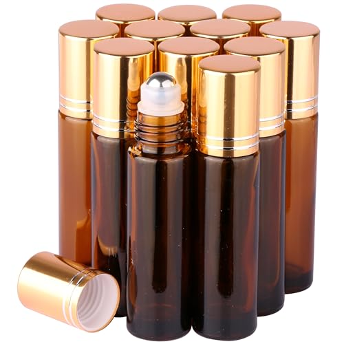 inice 12 Pack Essential Oil Roller Bottles Amber Glass RollerBalls for Essential Oils Refillable Roll on Perfume Bottles with Alloy Caps for Travel - color: Amber Roller Bottles - 12 PACK