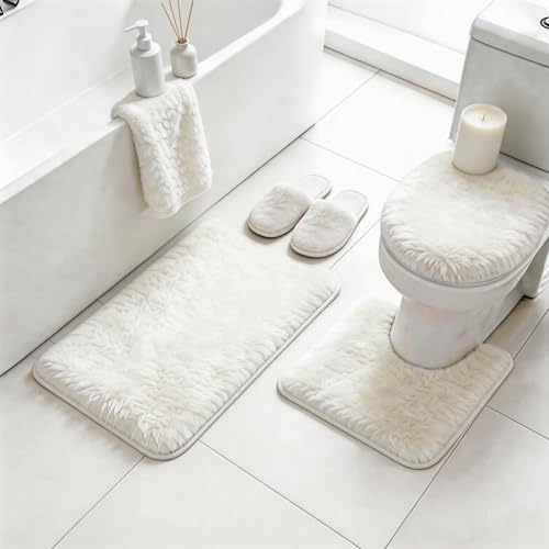 RUN HELIX Shaggy Bathroom Rugs Sets 3Piece Bath Mat for Bathrom Non-Slip Bathrom Mats Water Absorbent Bath Rug Floor Mats Soft Washable Shower Rug with U-Shaped Contour Rug Toilet Lid Cover White - color: White