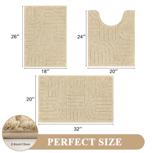 Vaukki Bathroom Rugs Sets 3 Piece, Beige Washable Non Slip Soft Bath Mats for Shower and Tub, Plush Absorbent Microfiber Toilet Rug U Shaped, 32x20+26x18+24x20 Inch - color: Beige, size: 18''x26''+20''x32''+20''x24''