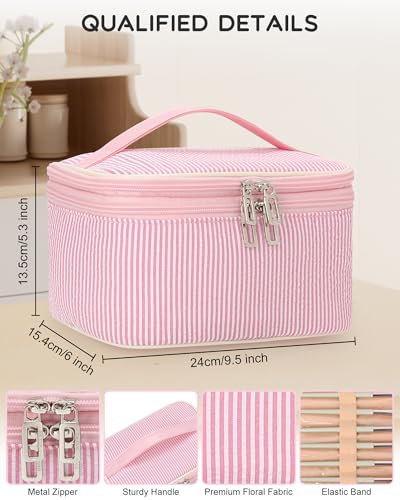 Relavel Large Makeup Bag, Portable Pink Cosmetic Bag for Girls, Dual-layer Makeup Pouch with Brush Holder, Multi-Functional Preppy Toiletry Organizer for Travel, Daily Use - Pink Strip - color: 01-Pink Strip, size: LARGE
