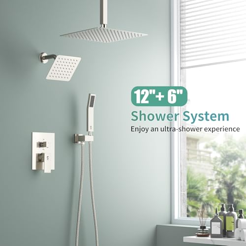 Shower Faucet Set Shower System - SR SUN RISE Brushed Nickel Shower Trim Kit with Dual Shower Head, 12'' Ceiling Rainfall 6'' Wall Mount with Handheld Shower for Couples, Complete 6 Diverter Valve - color: Nickel, size: 12 Inch