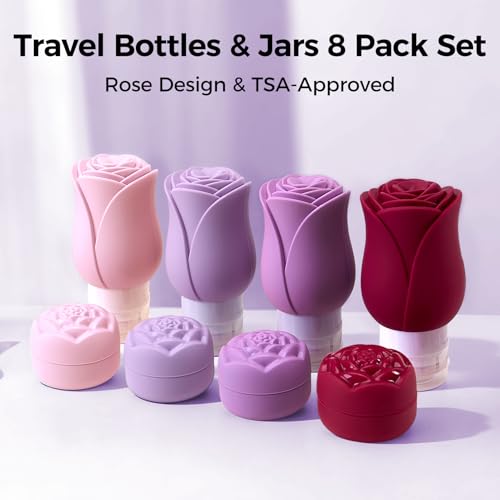 Silicone Travel Bottles - 3 OZ Travel Bottles Leakproof for Travel TSA Approved & Refillable Mini Cream Containers Set 8 Pack, 4 colors - color: PK+RS+PP+RD, size: 4 Bottles+ 4 Jars