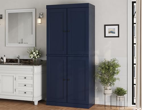 Palace Imports Solid Wood Tall Bathroom Pantry Cabinet with 4 Shaker Doors & Adjustable Shelves, Navy Blue - 100% Eco-Friendly, Renewable, Space-Saving Storage, 71.5" H x 32" W, Made in Brazil - color: Navy Blue