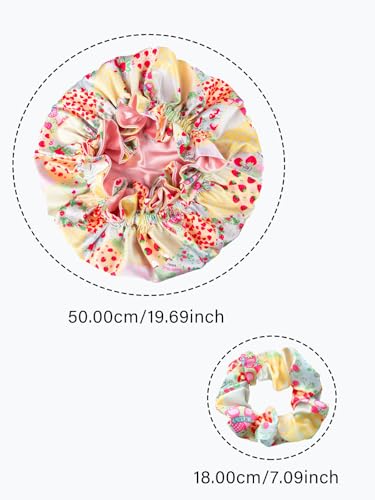 Floral Satin Bonnet with Scrunchie Set,Double Layer Ruffle Reusable Sleeping Shower Cap for Curly Hair Yellow-strawberries - color: Yellow-strawberries