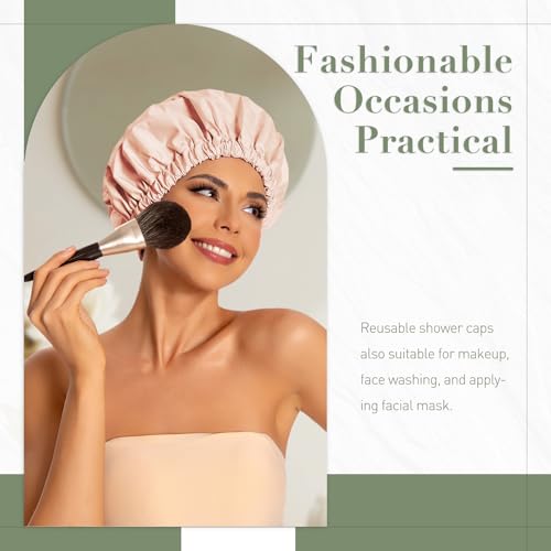 Edoneery Reusable Shower Caps for Women, Waterproof Long Hair Bonnet | Washable Design, Wide Elastic Band, Large Fit, Holds Long Hair, Braids Friendly, Bath Accessories, Spa, Travel - color: Beige