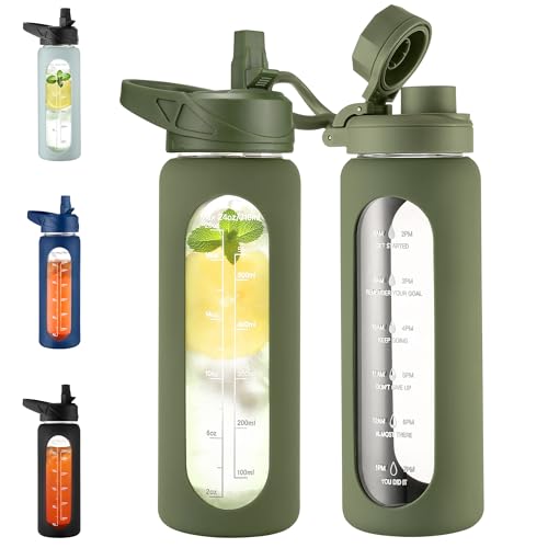 CIVAGO 24 oz Glass Water Bottle with Straw and Handle, Large Sports Motivational Water Bottle Flask with Time Marker and 2 Lids, Leakproof Jug Canteen with Silicone Sleeve for Gym, Army Green - color: .Army Green, size: 24 Ounces