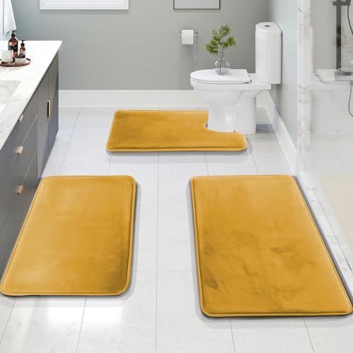 Clara Clark Bathroom Rug Set, 3 Piece Velvet Memory Foam Bath Mats with Non-Slip PVC Backing, Gold - color: Camel Gold, style: 17 x 24 + 20 x 32 + Contour