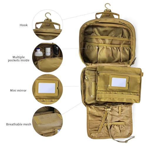 SUNRISING Tactical Toiletry Bag for Men - Hanging Travel Dopp Kit, Shaving Hygiene Organizer, Durable Bathroom Essentials for Short Trips & Camping Khaki（No molle） - color: Khaki（No molle）