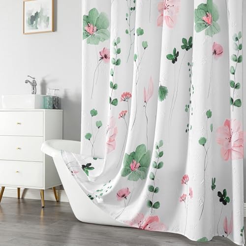QiyI Watercolor Floral Shower Curtain, 3D Embossed Butterflies Sage Green Botanical Bathroom Curtain, Pink Flowers Cloth Bath Curtain, Waterproof Fabric Textured Shower Curtain Set with Hooks, 72x72 - color: Green, size: 72"W x 72"L (Pack of 1)