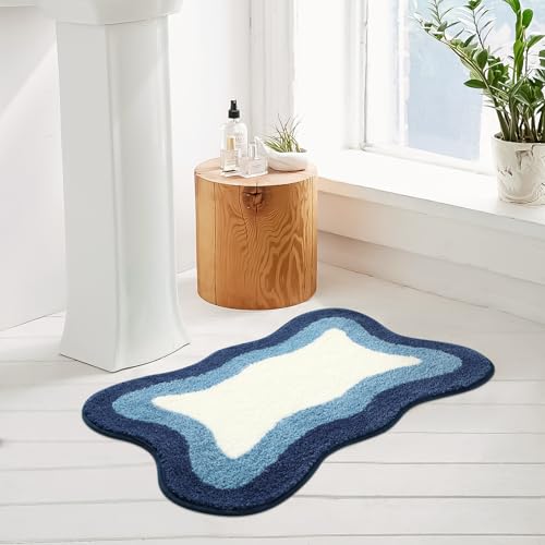 HAOCOO Bathroom Rugs 18x25 inch, Extra Soft Non Slip Blue Irregular Shape Bath Rugs, Microfiber Absorbent Washable Small Rug Bath Mats for Bathroom Floor Door Mat Tub Shower - color: Blue, size: 18x25 inch (Irregular)