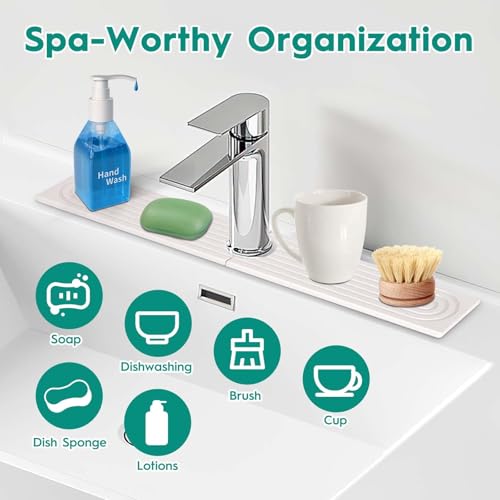 24 Inch Stone Faucet Mat for Kitchen Sink,Quick Dry Stone Mat Kitchen-Sink Water Splash Guard,Diatomite Protector with Super Absorbent&Leak Proof Circular for Kitchen Bathroom Counter(White） - color: White, size: 24" x 3.9"