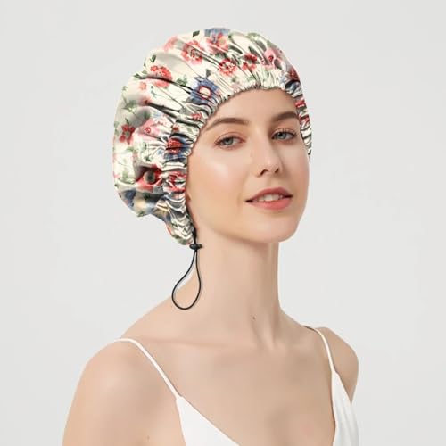 2 PCS Shower Cap Adjustable Reusable Double Waterproof Layer Elastic Hair Bath Cap Cute Aesthetic for Women Girls-Floral - color: I11-Floral