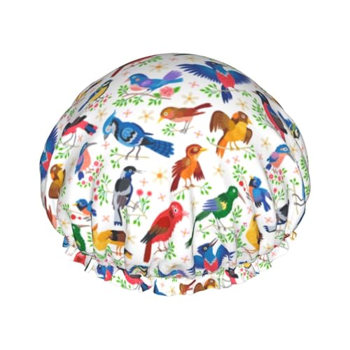 Birds Pattern Shower Cap For Women Reusable Waterproof Double Layers Bath Cap Hair Protection Elastic Ladies Spa Salon Shower Hat - color: Birds Pattern