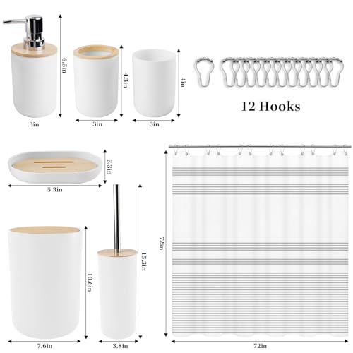 Britimes Bathroom Accessories Sets, White Shower Curtain Set with Trash Can, Soap Dispenser, Toilet Brush Holder, Toothbrush Holder and Toothbrush Cup for Bathroom Decor 72"*72" - color: White