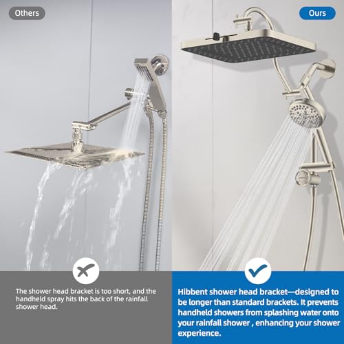 Hibbent cUPC Certified 13'' Shower Head Combo, High Pressure 5 Spray Rainfall Showerhead, 10 Spray Handheld, All Metal Easy Reach 4-way Diverter Arm with Pause Mode, 71'' Hose & Holder, Brushed Nickel - color: Brushed Nickel, style: Square 13"