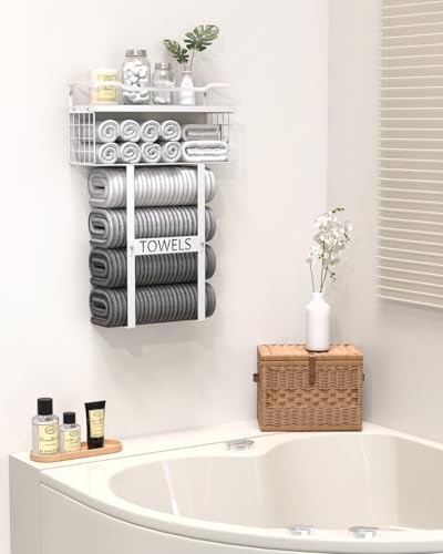 Towel Racks for Bathroom Wall Mounted - Bath Wall Towel Holder Set Above Toilet Storage, Rolled Towel Shelf Organizer for Small Bathroom All White, Wood Vertical Towel Rack for Bathroom Wall Decor - color: All White