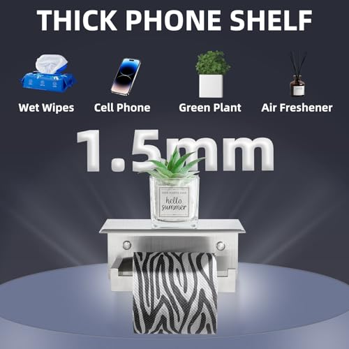 APLusee Brushed Nickel Toilet Paper Holder with Phone Shelf, 304 Stainless Steel Toilet Tissue Roll Holder, Wall Mounted Bathroom Paper Roll Dispenser - color: Brushed Nickel, size: Single Rod