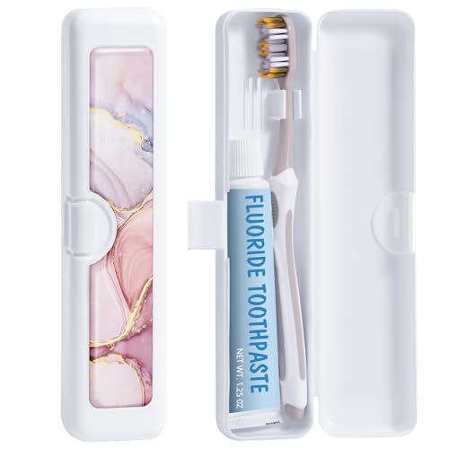 Toothbrush Travel Case - Colorful Pattern, Holder and Covers for Toothbrushes, Includes Tongue Scraper Case - color: Pink Marble, size: Small