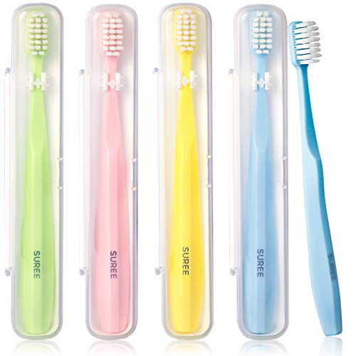 SUREE Extra Soft Toothbrush for Sensitive Teeth, Upgraded 10000 Ultra Soft Bristles for Adults & Elders, Manual Travel Toothbrush with Individual Portable Case (4 Pack) - style: 4 Packs with Travel Cases