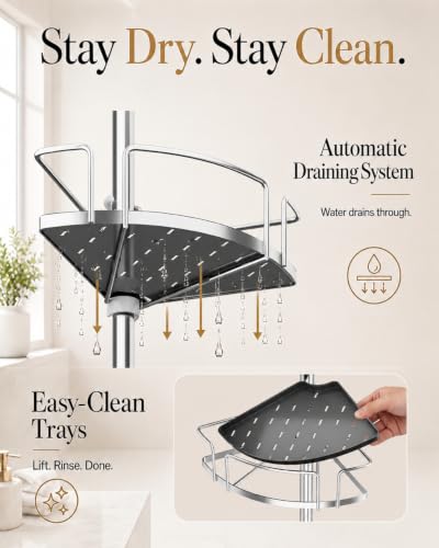 ALLZONE Corner Shower Caddy Tension Pole, 4 Hang-On Basket with Mixed-Height Shelves for Various Bottle Sizes, Extra Hooks & Soap Holder, Rustproof Stainless Steel, Fits 34–116 Inch, Silver/Dark Gray - color: Silver/Dark Gray