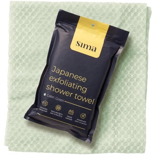 Sima Brand Exfoliating Washcloth Face & Body Scrub Towel - Japanese Exfoliating Towel with Hexagon Fibers, Body Scrubber with 2 Sides for Scrubbing & Washing, Extra Long Body Towels (Green) - color: Green