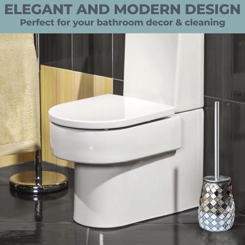 Escenzy Modern Toilet Brush and Holder Set Mosaic Glass | Non-Rustic Stainless Steel | Practical & Decorative Toilet Bowl Brush and Holder | Luxury Black and Gold Bathroom Accessories - color: Black Gold Curve