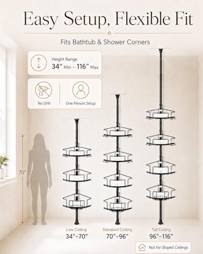ALLZONE Corner Shower Caddy Tension Pole, 4 Hang-On Basket with Mixed-Height Shelves for Various Bottle Sizes, Extra Hooks & Soap Holder, Rustproof Stainless Steel, Fits 34–116 Inch, Black/White - color: Black/White