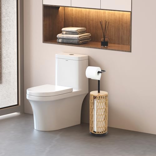 Trongee Freestanding Toilet Paper Holder with Storage,3 Rolls of Boho Toilet Paper Holder Stand with Lid,Gold Toilet Tissue Holder Stand Rattan Paper Storage Wicker Toilet Roll Holder Basket - color: U-black