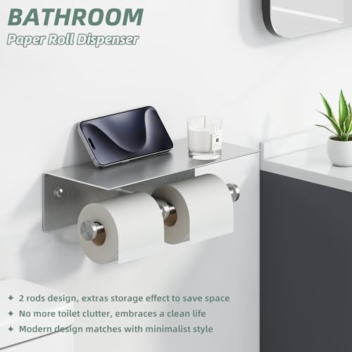 Double Toilet Paper Holder with Shelf Brushed Nickel, APLusee SUS 304 Stainless Steel Contemporary Tissue Roll Holder Mobile Phone Storage Rack - color: Brushed Nickel, size: Double Rod