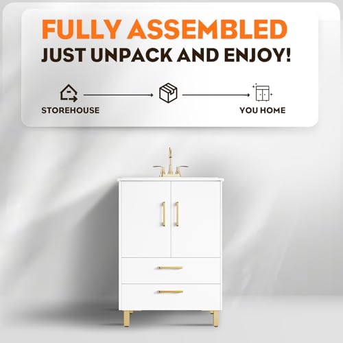 phiestina Fully Pre-Assembled 24 Inch White Bathroom Vanity with Ceramic Sink Combo, 2 Soft Close Doors and 2 Drawer Bathroom Storage Cabinet Set, BV02-WHITE-JH