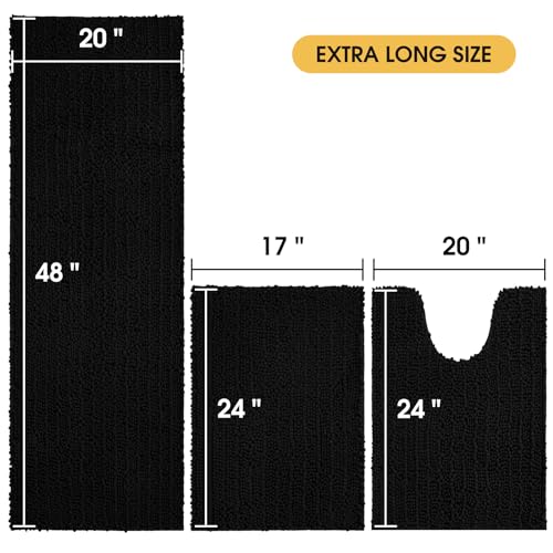 ACCUMTEK Upgrade Extra Large Black Bathroom Rug Set 3 Pieces Ultra Soft, Thick Absorbent Bath Mats, Non Slip Chenille Toilet Mat for Bathroom, Bedroom, Kitchen - color: Black, size: 48"x20"+24"x17"+U Shape24"x20"