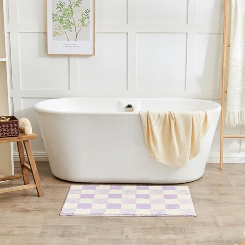 CozeCube Bath mats for Bathroom Non Slip, Fluffy Absorbent Microfiber Bath mat Washable, Aesthetic Bathroom Rugs, Cute Purple Checkered Bath mat, Lavender, 32" x 20" - color: Checkered-lavender, size: 2'8" x 1'8" (Rectangular)