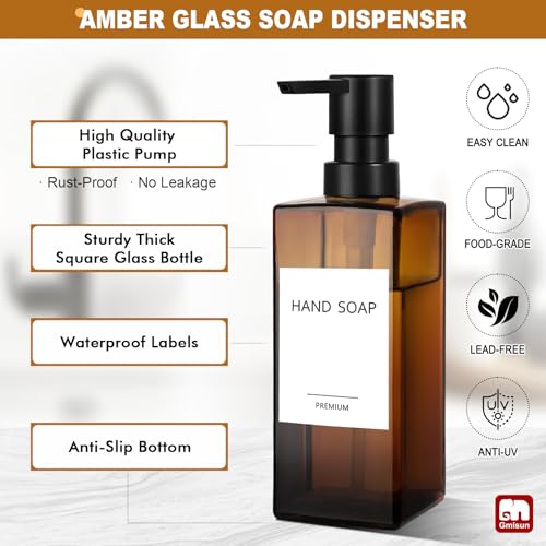 GMISUN Dish Soap Dispenser, 12 Fl oz / 350 ml Dual Soap Dispenser with Sponge Holder, Customized Amber Glass Kitchen Soap Dispensers Set, Modern Hand and Dish Soap Dispensers Set Removable - color: Amber Bottle + Black Rack