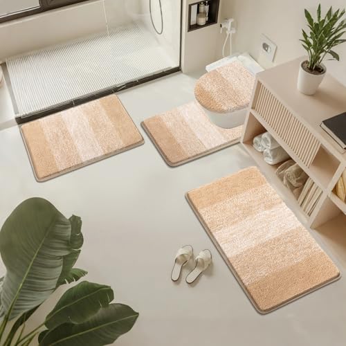 Bsmathom Bathroom Rug Set Bath Rugs Microfiber Non Slip Bathroom Set 4 Piece with Toilet Cover, Washable Absorbent Bath Mat, Beige - color: Beige, size: 18"x26"+20"x31"+U20"x24"+Cover19"x21"