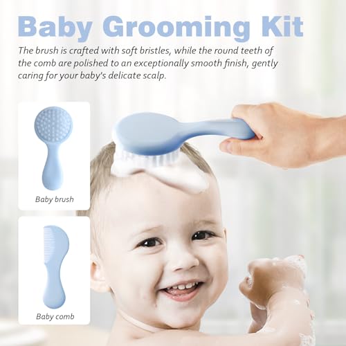 Baby Grooming Kit 6 - Piece Set in Storage Bag(Blue) - Soft Brush, Comb, Nail Clippers, Nasal Aspirator, Safety Scissors & File for Newborn/Toddler Care - color: Blue