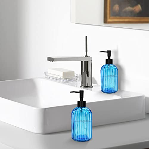 Pack of 2 Glass Soap Dispenser with Black Pump, 400 ml Refillable Pump Dispenser for Kitchen, Bathroom, Order, Laundry Room, Liquid Glass Bottle for Washing Up Liquid, Shampoo, Conditioner (Blue) - color: Blue