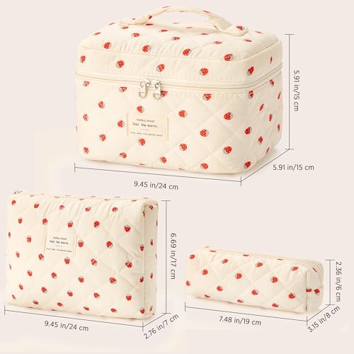 HBselect Quilted Makeup Bag, 3PCS Cotton Large Travel Makeup Bag, Cute Floral Coquette Make up Bag Cosmetic Bag Toiletry Bag for Women Girls - color: A-3PCS-Floral 15