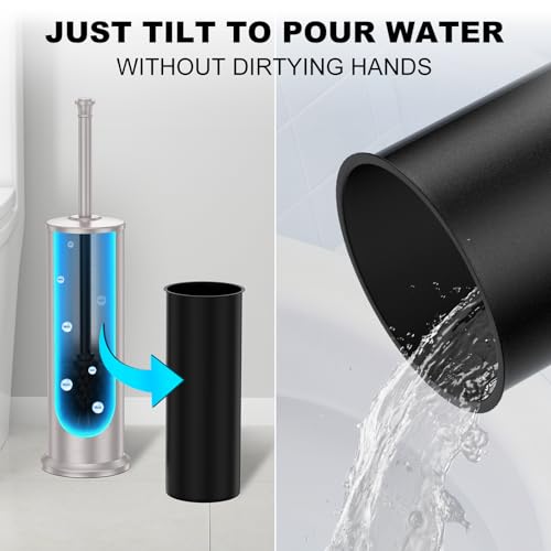 Stain Nickel Toilet Brush and Holder，Extra Long Handled Toilet Brush for Bathroom，Stainless Steel Heavy Duty Toilet Bowl Brush,Removable Inner Bowl,Deep Cleaning Dense Bristles Brush -Space Saving