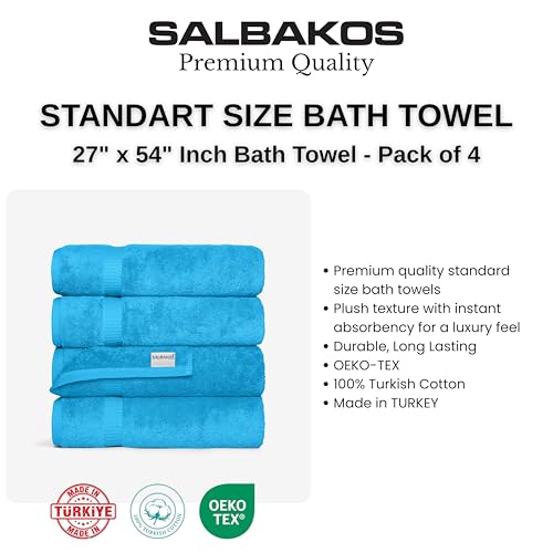 SALBAKOS 100% Turkish Cotton Bath Towel Set of 4 27x54 inch | Heirloom Quality | Hotel & Spa Collection | Ultra Soft, Super Absorbent, Long Lasting Bath Towels | Made in Turkey (Aqua, 4 Bath Towels) - color: Aqua, size: 4 Bath Towels