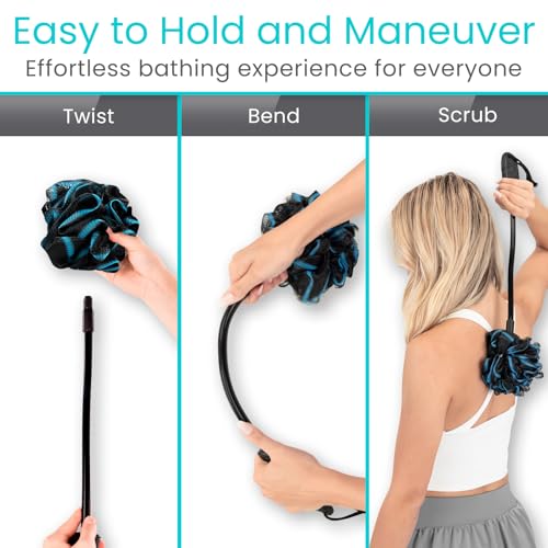 Vive Bendable Loofah on a Stick with Long Handle - Body Exfoliator Luffa & Long Handled Sponge - Back Scrubber & Bath Brush Lufa for Shower, Women, Men, Elderly - Handheld Loofa & Wall Hook Included
