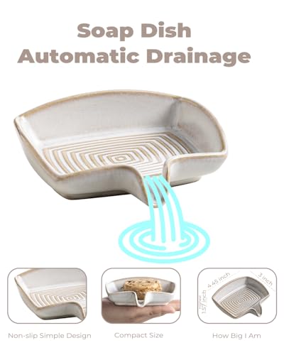 Soap Dishes, Ceramic Shower Soap Dish with Waterfall Design Bar Soap Holder Self Draining Soap Saver for Shower, Bathroom, Sink, Kitchen and Countertop, Beige White - color: Beige White, size: Rectangular