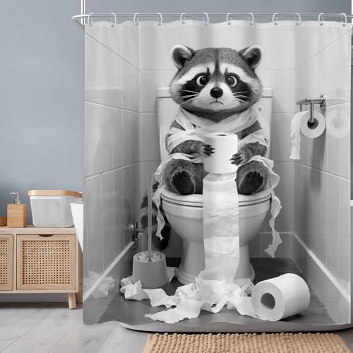 Newsely Funny Raccoon Shower Curtain 60Wx72L Inch Black White Animal Roll Paper Hilarious Sitting on the Toilet Bathroom Set Lovely Wildlife Boy Kid Waterproof Bath Decoration Accessories Home Decor - color: P-raccoon, size: 60"W x 72"L (Pack of 1)