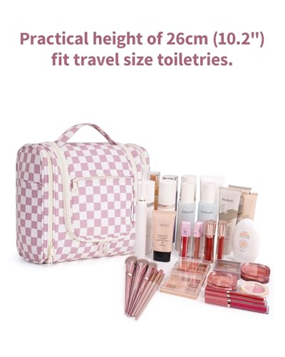 Narwey Hanging Toiletry Bag for Women Travel Makeup Bag Organizer Toiletries Bag for Cosmetics Essentials Accessories - color: ZA-Dusty Pink Checkerboard