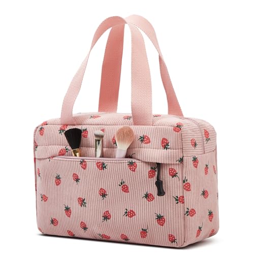 Large Makeup Bag for Women Corduroy Cosmetic bag Make up Bags Zipper Pouch with handle Cosmetic Organizer Toiletry Bag for Travel Storage - color: 6-Pink Strawberry
