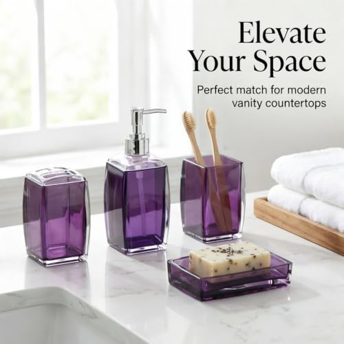 Bathroom Accessories Set,Soap Dispenser,Soap Dish,Toothbrush Holder, Tumbler, Acrylic Bathroom Accessories Set Complete, Modern Bathroom Décor, Gift for Home (PURPLE-4PCS) - color: Purple-4pcs