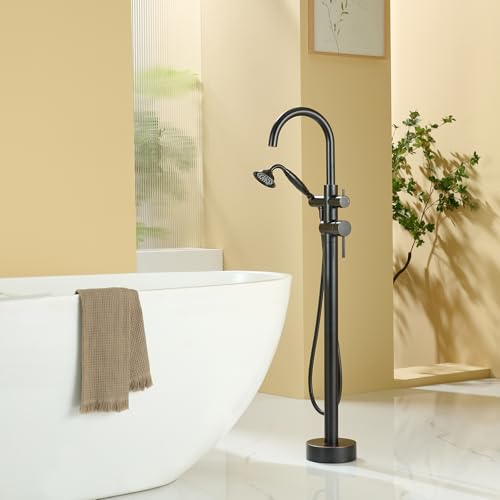 Wowkk Tub Filler Freestanding Bathtub Faucet Oil Rubbed Bronze Floor Mounted Brass Bathroom Tub Faucets with Hand Shower - color: Oil Rubbed Bronze