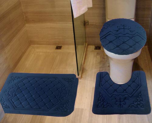 All American Collection 3PC Memory Foam Bath Mats Soft Plush Crown Design Anti-Slip Shower Bathroom Contour Toilet Lid Cover Rugs (Navy) - color: Navy